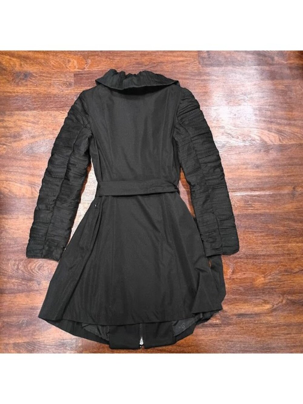 Samuel Dong Black Ruffle Front Long Coat Dress S  Pleated Skirt By Samuel Dong - Picture 8 of 16